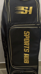 Front view of the black Sports Hub Pro Edition cricket kit bag highlighting the premium gold branding and integrated number lock security system.